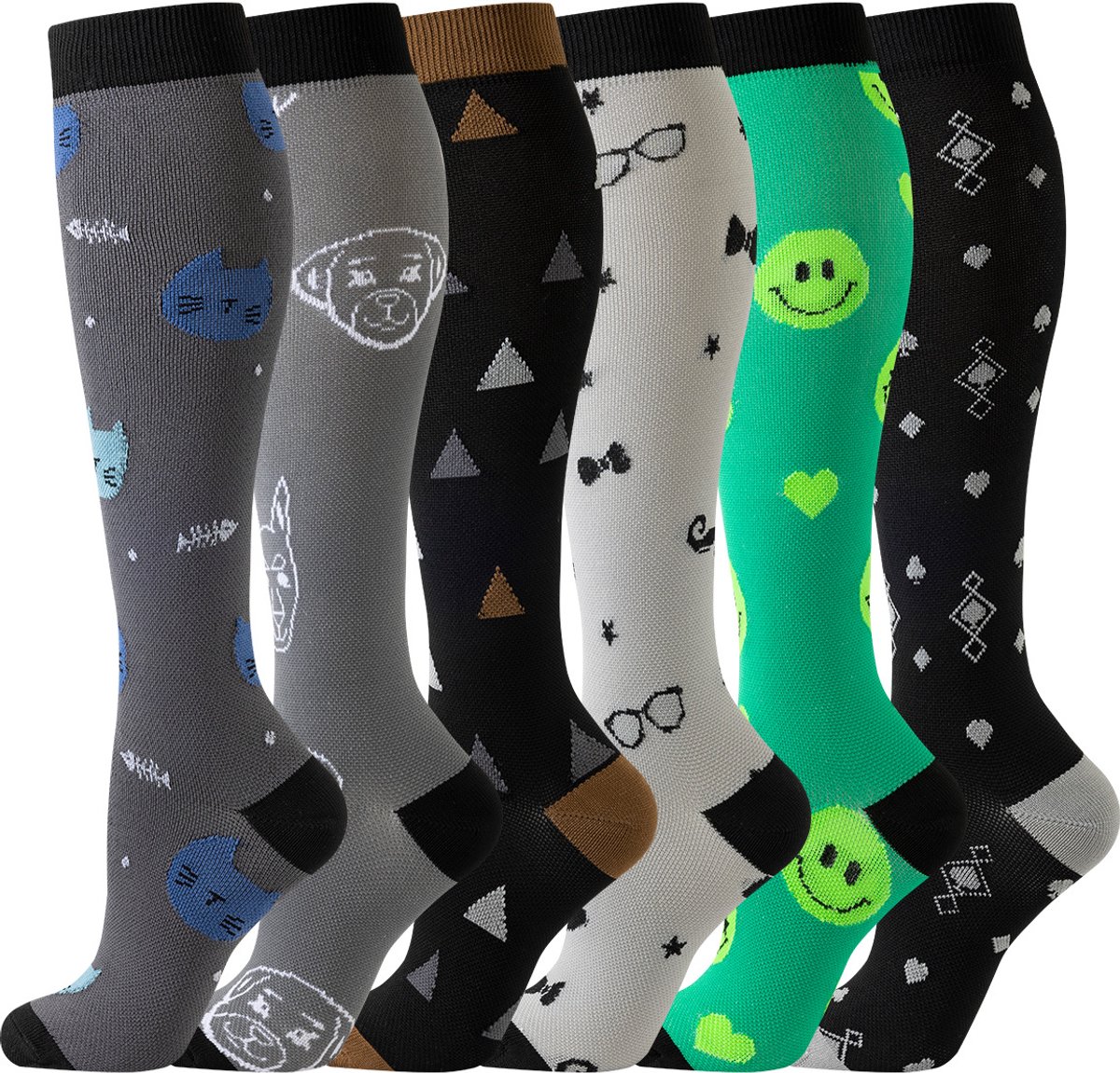 6-pack compressiekousen voor dames en heren - reizen en vliegsokken - hardlopen en fitness（L-XL） - Bedrukte patronen