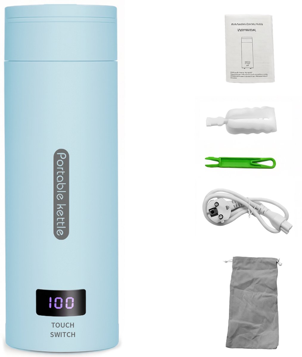 Elektrische waterkoker - Reiswaterkoker - Kleine elektrische waterbeker - Huishoudelijke waterkoker - 4 temperatuurinstellingen - 300W - Inhoud 500 ml - 23*8 cm - Draagbaar - Blauw