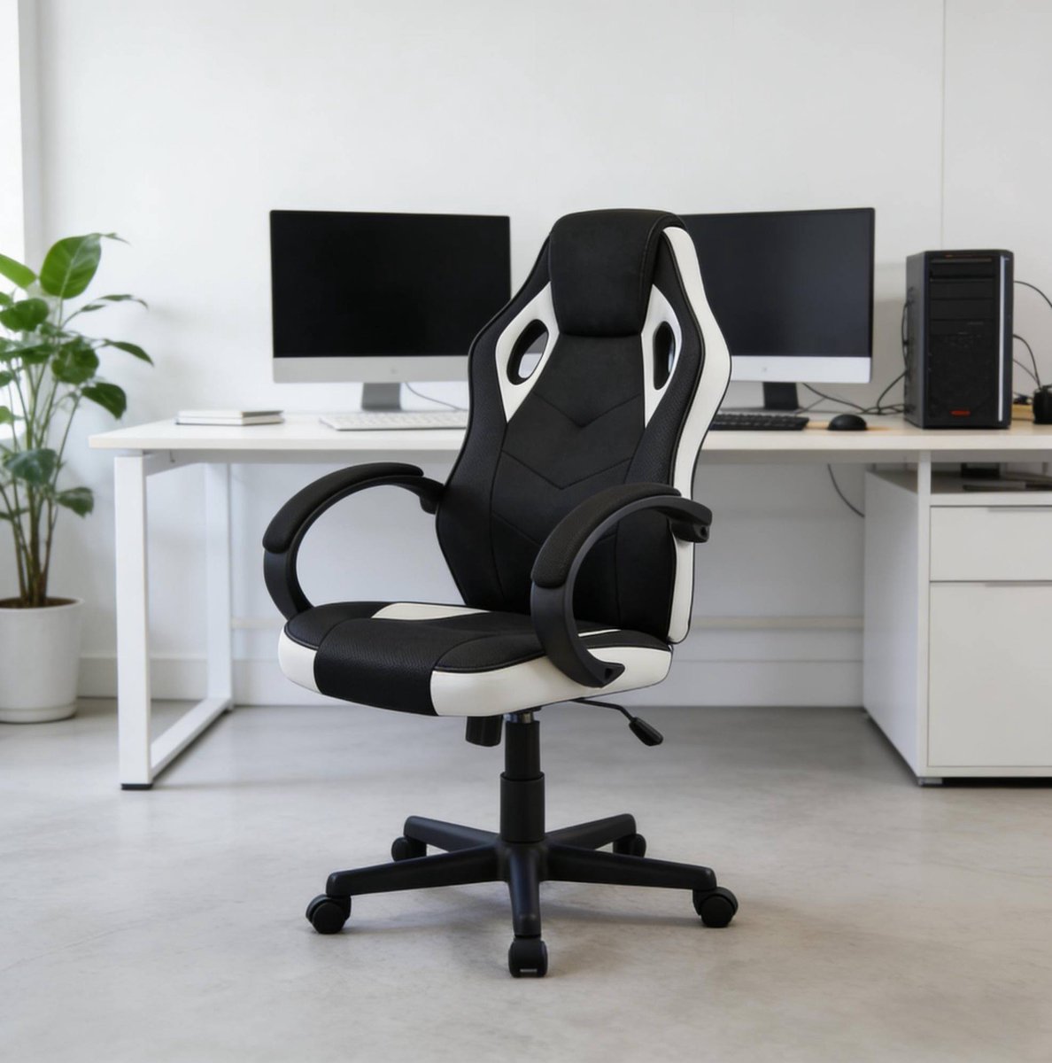 MEUNIQ Gamingstoel ergonomische bureaustoel met hoofdsteun, vaste armleuningen, kantelfunctie, wielen en verstelbare zithoogte 44-54 cm, zwart-wit