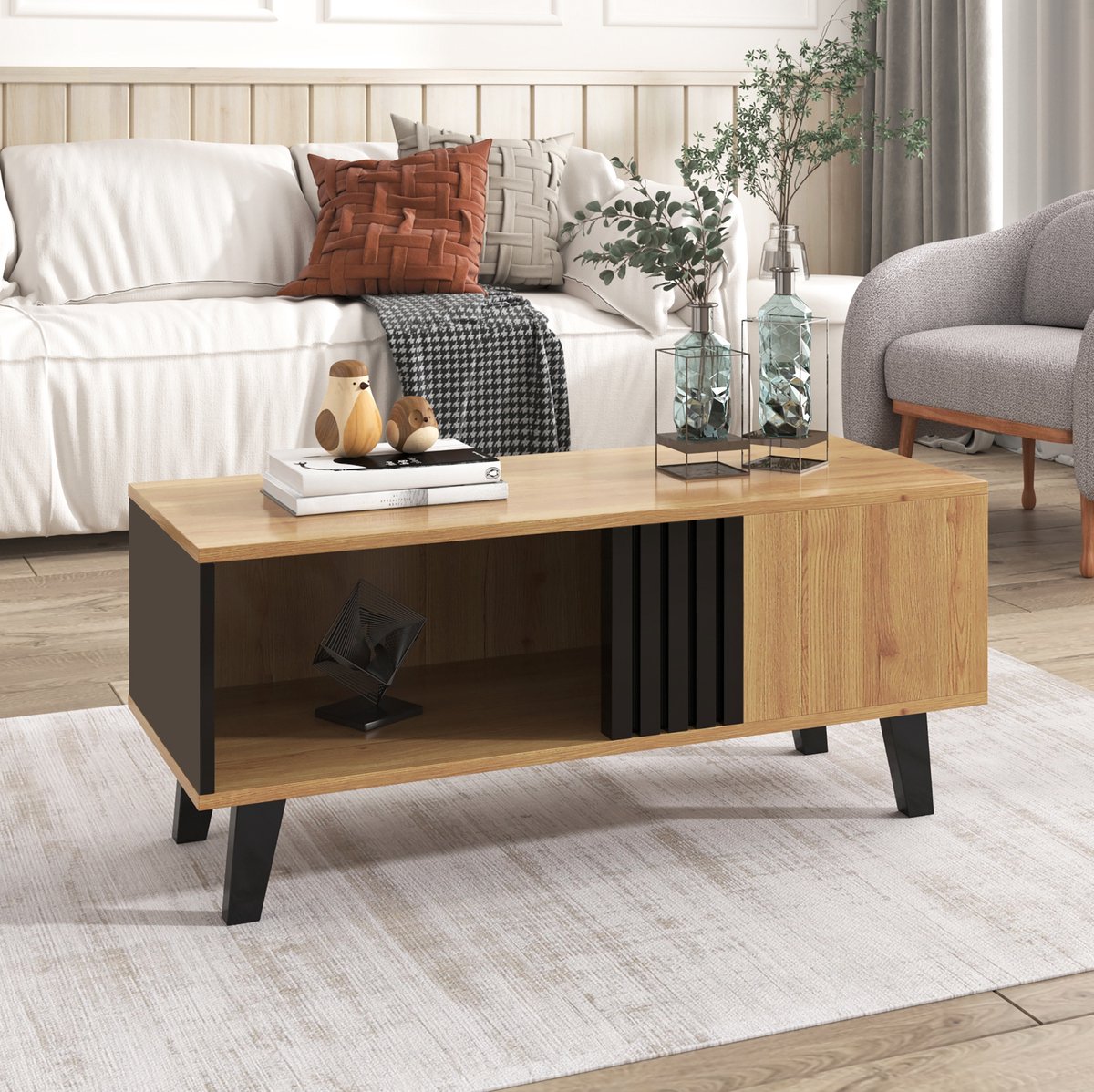 MEUNIQ Salontafel 100 x 60 x 45 cm met 3 open opbergvakken, rechthoekige woonkamertafel in houtkleur en zwart met kunststof poten