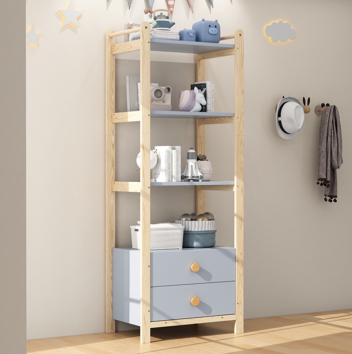 MEUNIQ Boekenkast 70 x 44 x 180 cm met 3 open legplanken en 2 lades – staande open kast voor woonkamer, slaapkamer of studeerkamer – blauw en naturel