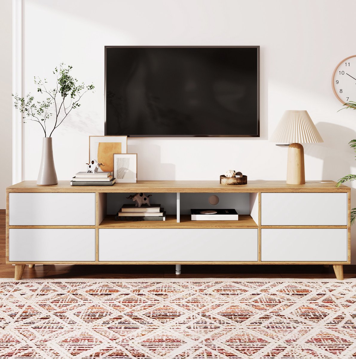 MEUNIQ TV meubel lowboard 175 x 37 x 51 cm met open vakken, deuren en houten poten voor woonkamer, wit en houtkleur