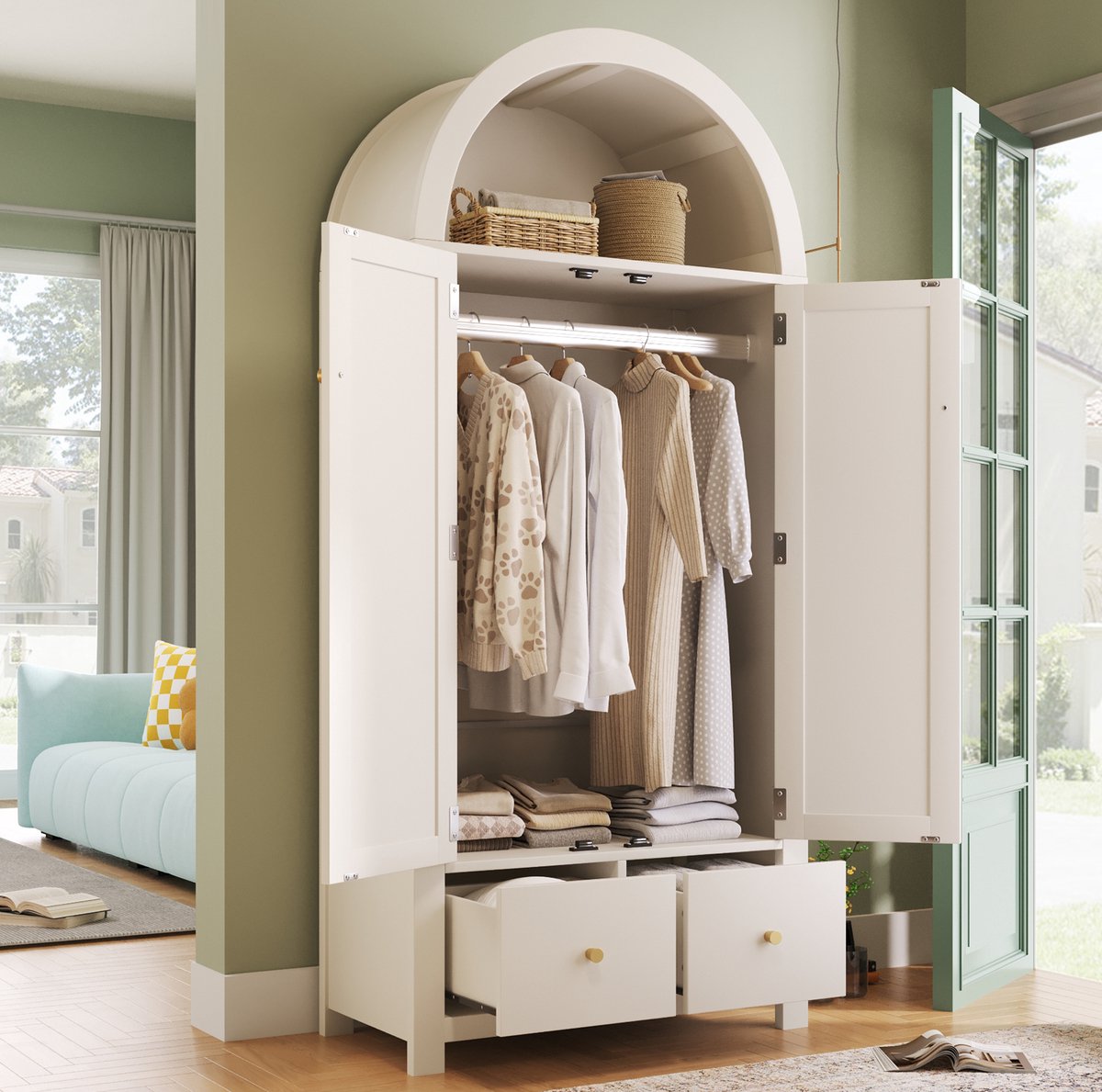 MEUNIQ Kledingkast 78 x 45 x 181 cm met 2 deuren, 2 lades, hanggedeelte, open boogvak en rotanvlechtwerk – landelijk wit voor slaapkamer
