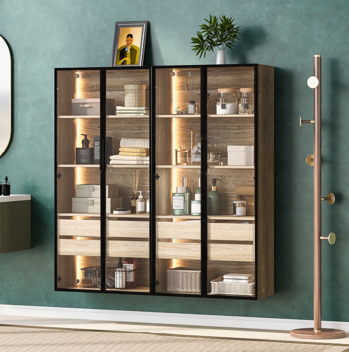 MEUNIQ Set van 2 badkamerkasten 74 x 36 x 155 cm – vitrinekast met glazen deuren, 2 grote laden, open vakken en LED-verlichting, naturel