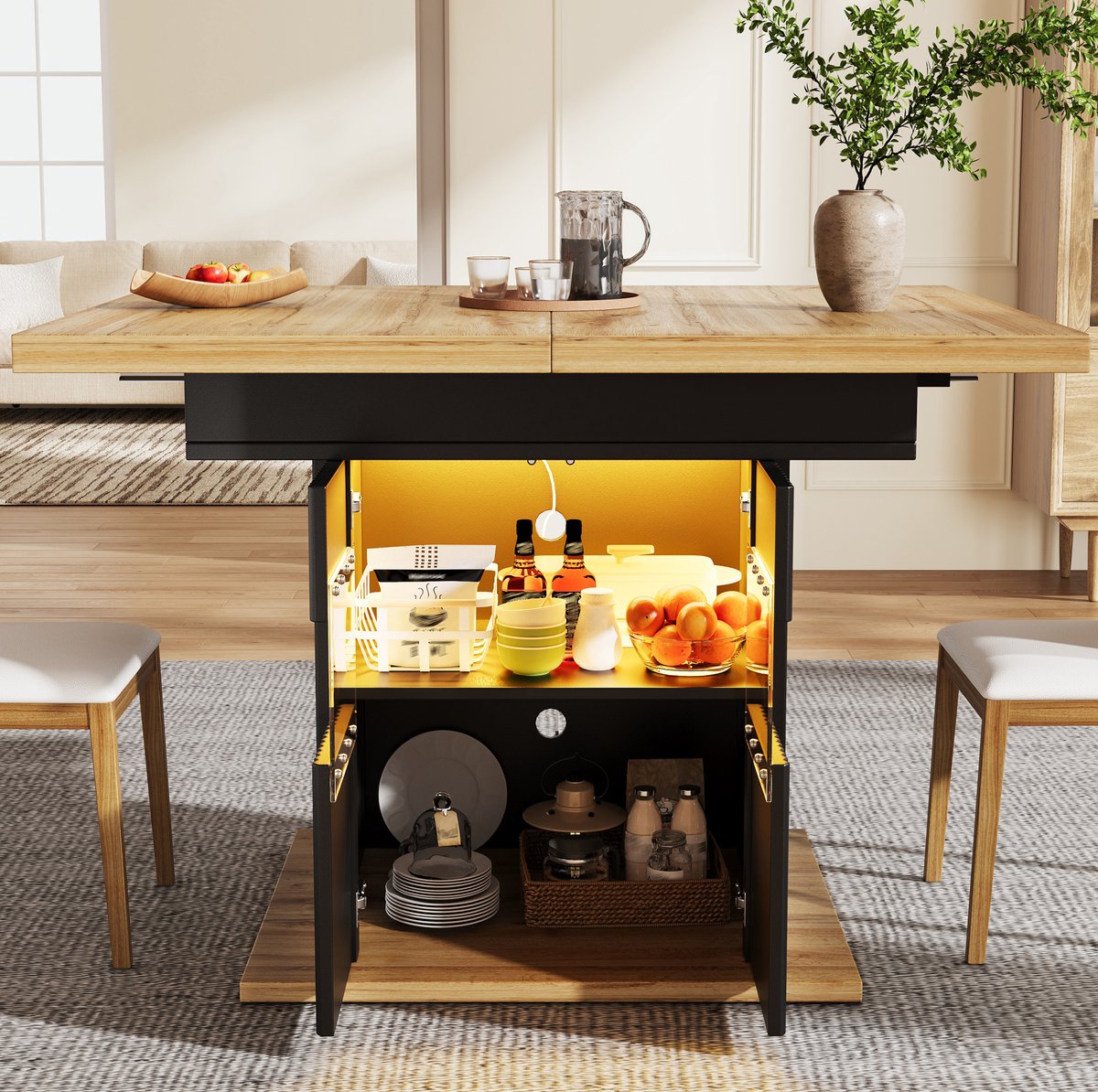 MODFU Uitschuifbare Eettafel - Opbergruimte - Ledverlichting - MDF - Zwart - 110-140 Cm