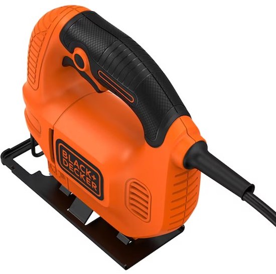 Oranje BLACK+DECKER 400W decoupeerzaag met zwart handvat en metalen voetplaat.