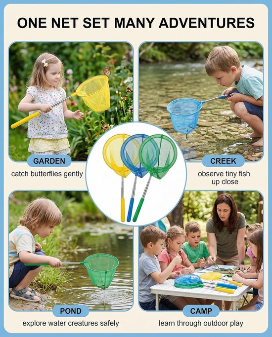 Vlindernet voor kinderen, visnet, 3-delig, geel, blauw, groen, zacht net, anti-rotatie, pijnloos, vangt vlinders en mini-vissen voor natuurervaringen buitenshuis — afbeelding 3