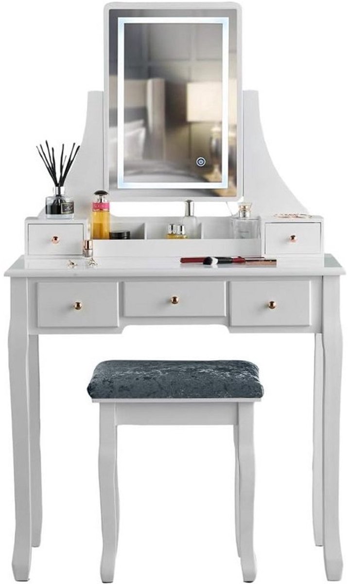 Kaptafel met Touch Spiegel en LED Verlichting - Make-up Tafel met Kruk en Opberglades