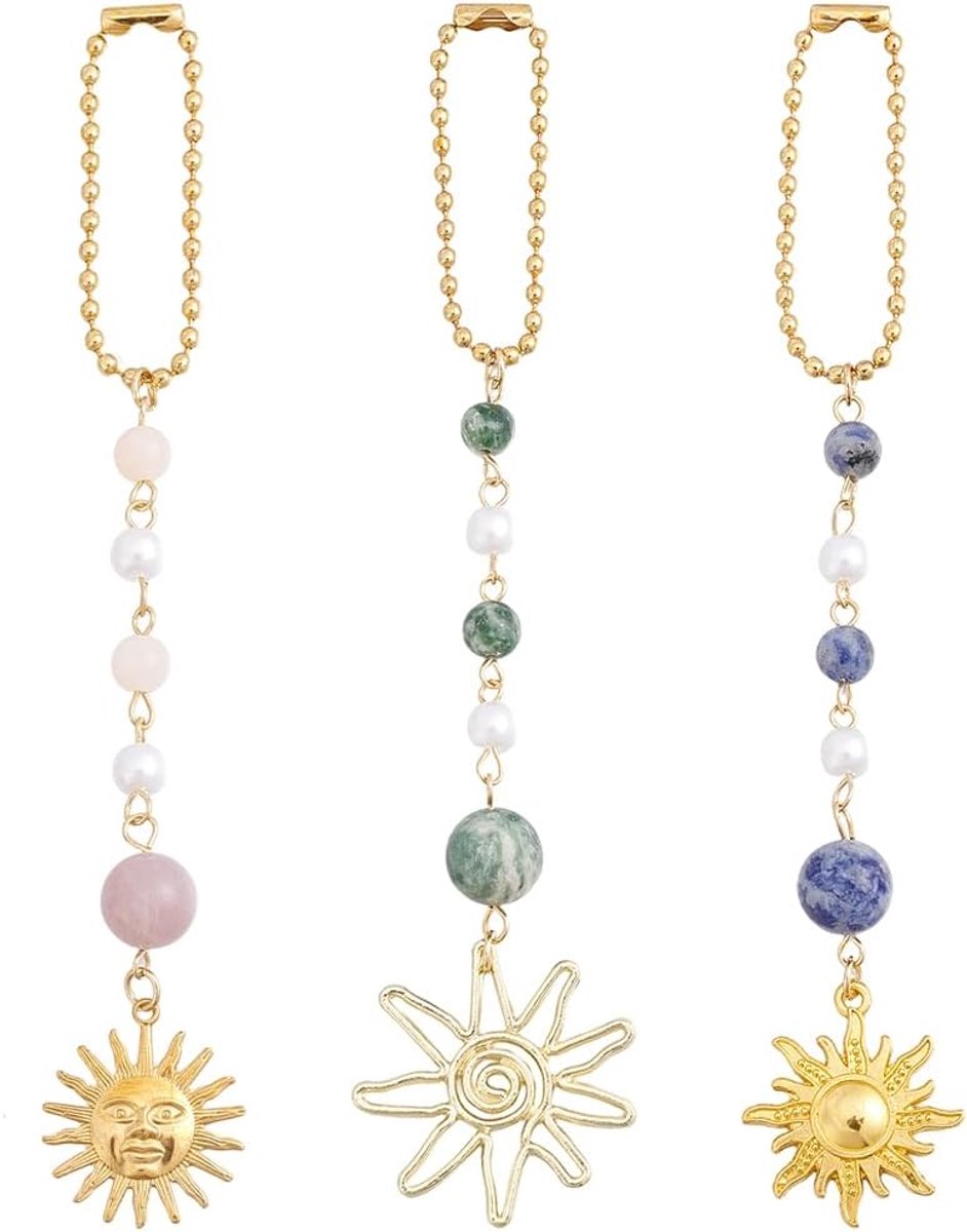 3 stuks zon opknoping auto charme achteruitkijkspiegel bedels boho gouden handgemaakte kristallen natuurlijke edelsteen swingende bungelende ornament accessoires voor auto's interieur