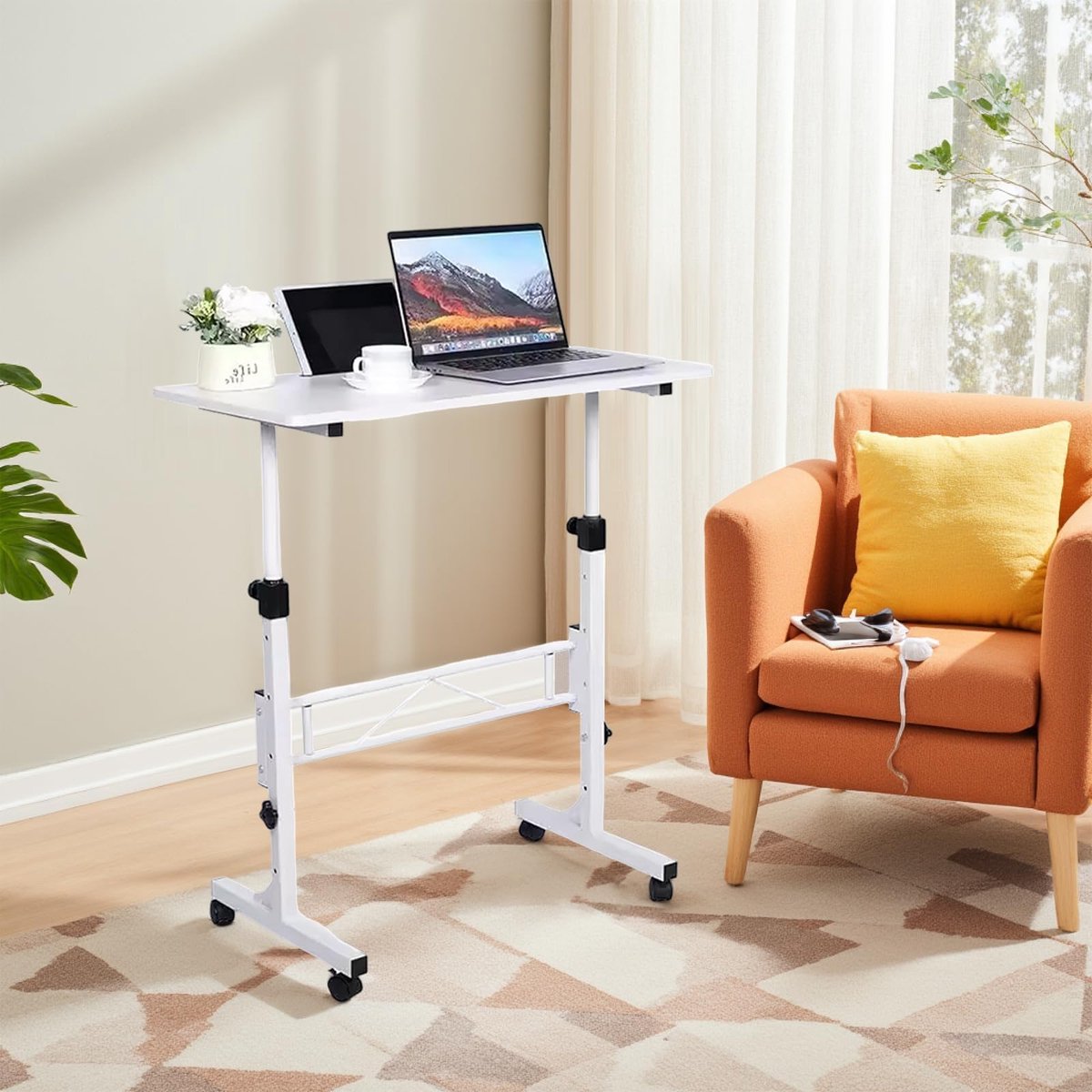 Danky Mobiel Zit-Sta Bureau - In Hoogte Verstelbaar - Met Geremde Wielen - Compacte Laptoptafel 80 cm - Wit