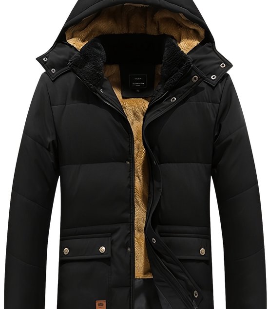 Zwarte winterparka met rits, bruine voering en klepzakken op de voorkant.