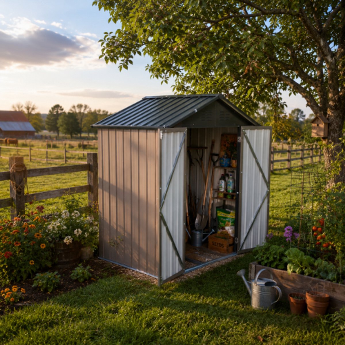 Metalen Tuinhuis met Zadeldak 6x4 ft (1,95 m²) - Gereedschapsschuur met Geïntegreerd Fundering Frame - Tuinberging & Tuinschuur met Dubbele Deur & Ventilatie - Bruin / Zwart