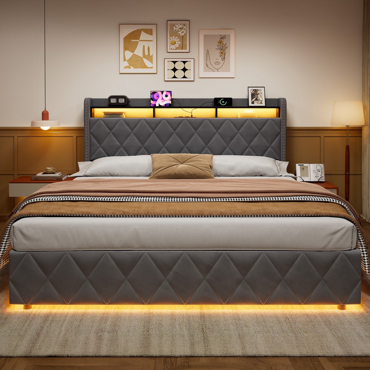 REDOM Opbergbed 180 x 200 cm – Ruim tweepersoonsbed met hydraulische opbergruimte en LED-verlichting – USB-aansluitingen – Velvet – Donkergrijs