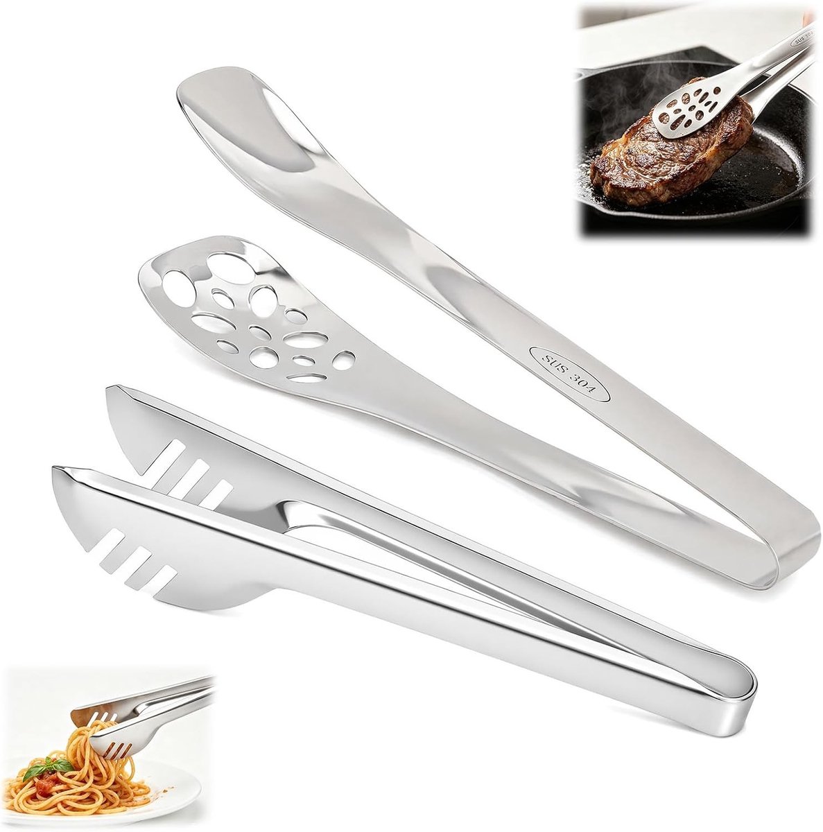Set van 2 RVS Keukentangen - Ideaal voor Serveren en Spaghetti, 25 cm Lang, Duurzaam en Handig