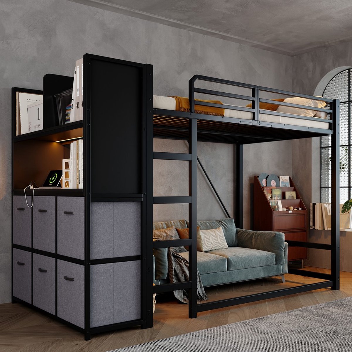 KOMHTOM Metalen bed 120 x 200 cm in zwart, hoogslaper met ladder, opbergruimte aan de zijkant, stoffen lades, open legplank, verlichting en oplaadstation Zwart + Grijs