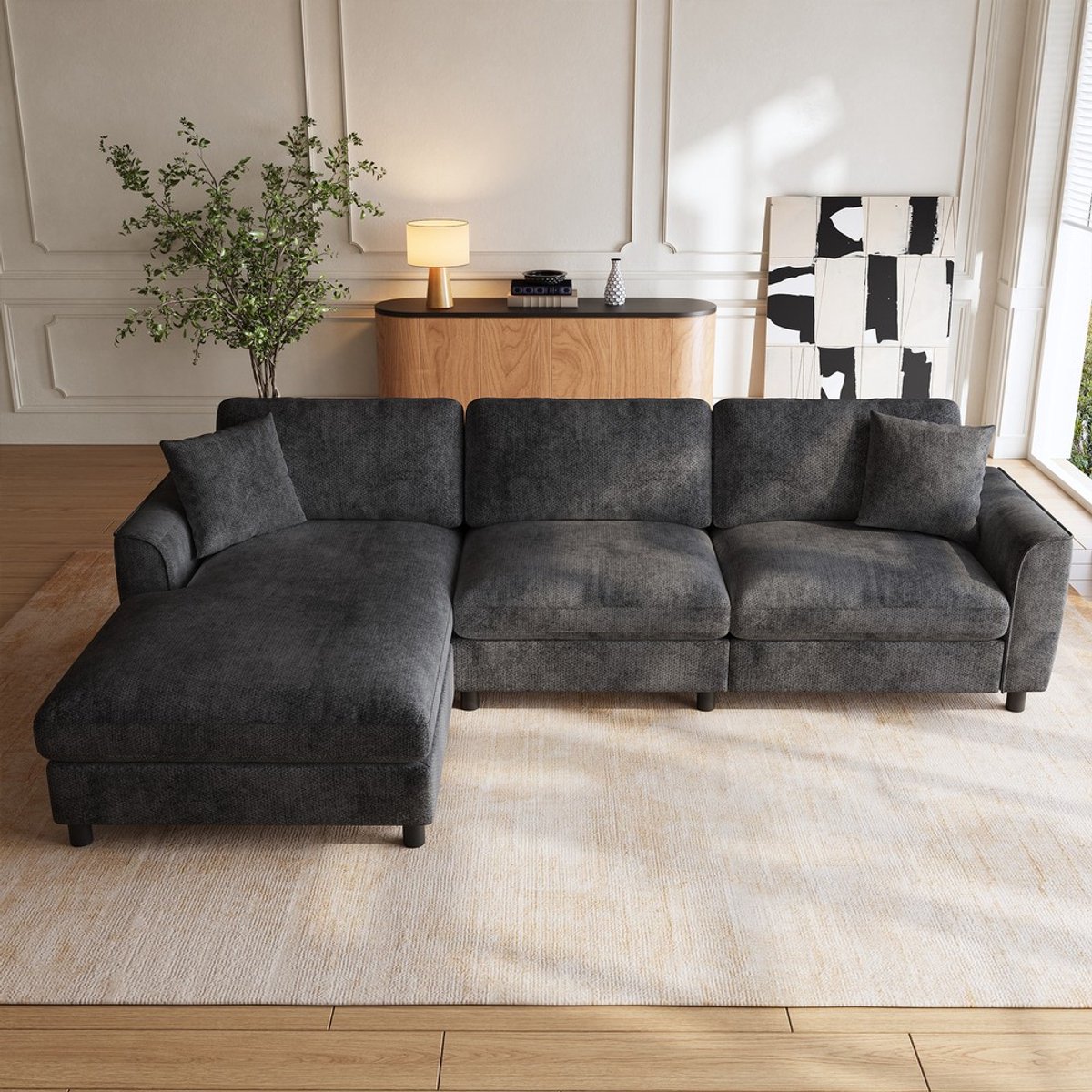 KOMHTOM Hoekbank in wolkvorm voor drie personen met verstelbaar groot liggedeelte, 90 cm extra breed ligvlak, modulaire multifunctionele hoekbank voor de woonkamer, totale afmetingen 256×137×79 cm, grijs
