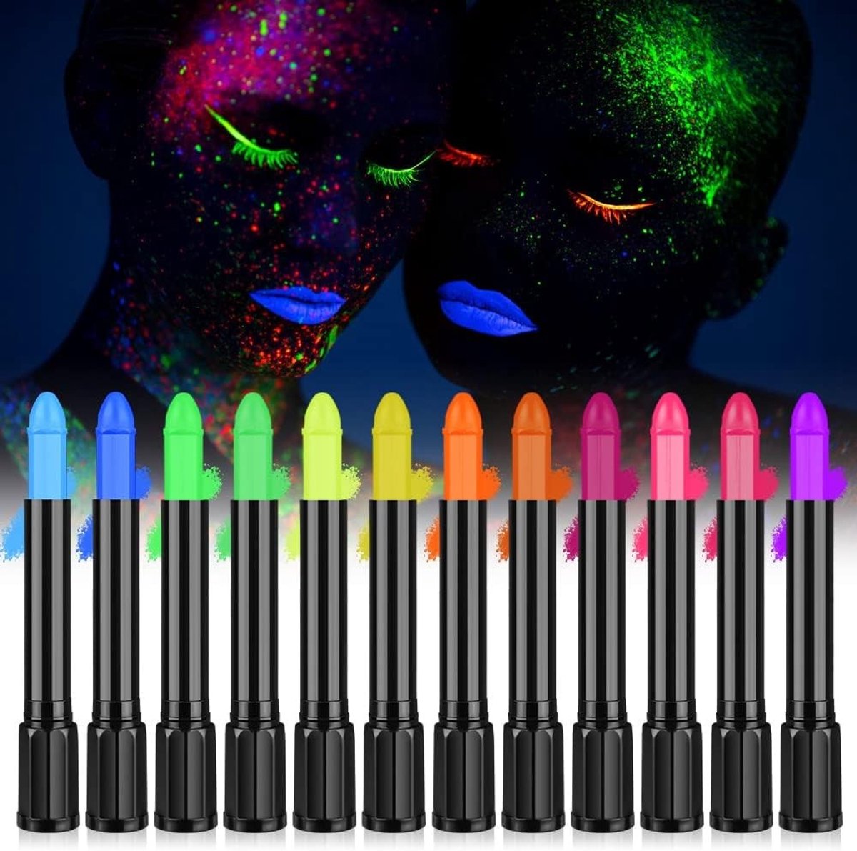 12 Kleuren Neon UV Bodypaint Set, Wasbare Make-up Potloden en Crayons voor Halloween, Carnaval en Feestelijke Gelegenheden