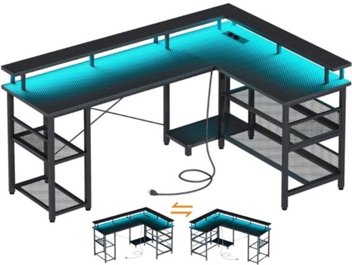 hoekbureau-Gaming bureau-met LED-150 × 102 cm-omkeerbaar-met 2 stopcontacten en 2 USB-poorten-met netplank-koolstofvezel