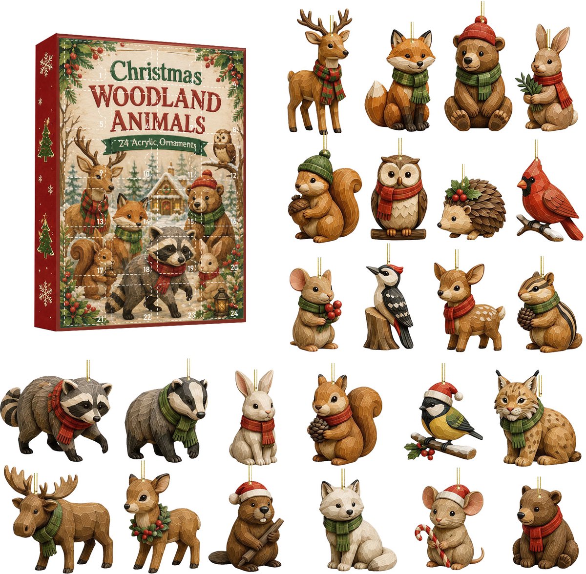 Kerstadventskalender 2026 met bosdieren – 24-daagse aftelkalender met 2D-kerstboomhangers van acryl – Vintage bosdierdecoraties voor thuis- raam- open haard en kantoor – Cadeau voor volwassenen en kinderen