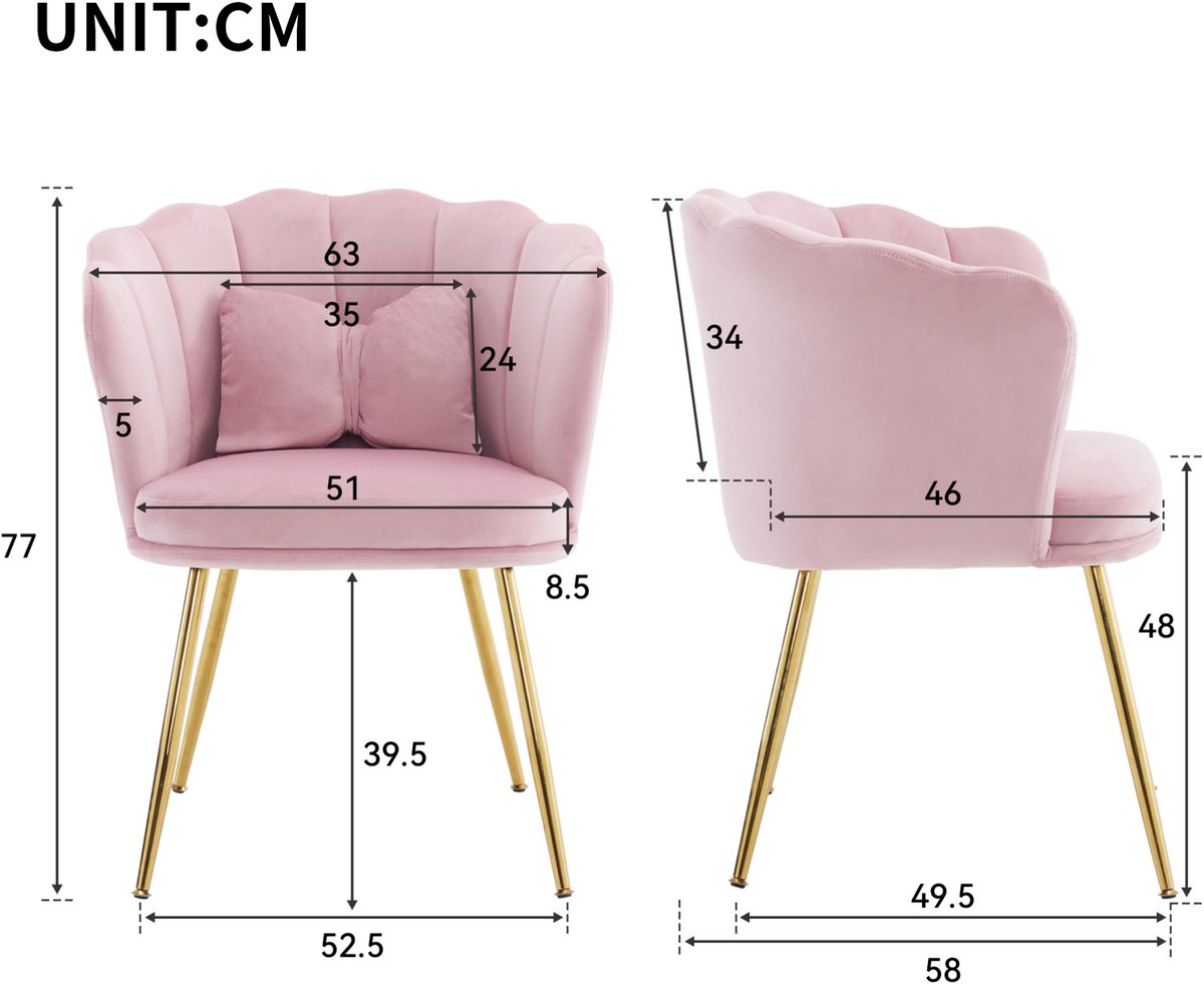 MEUNIQ Set van 6 roze velvet kuipstoelen met armleuning, bloemblad-rugleuning en goudkleurige metalen poten voor eetkamer en woonkamer
