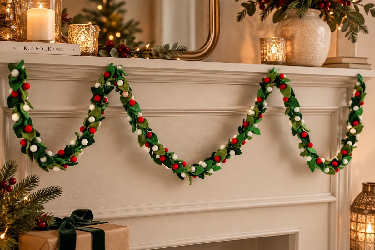 Groene Vilten Kerstguirlande met Rode en Witte Bessen - Handgemaakt - 100% wol - ca. 265cm