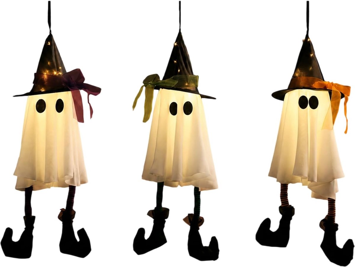 3 stuks Halloween-deco: lichtgevende geest en heksenhoed