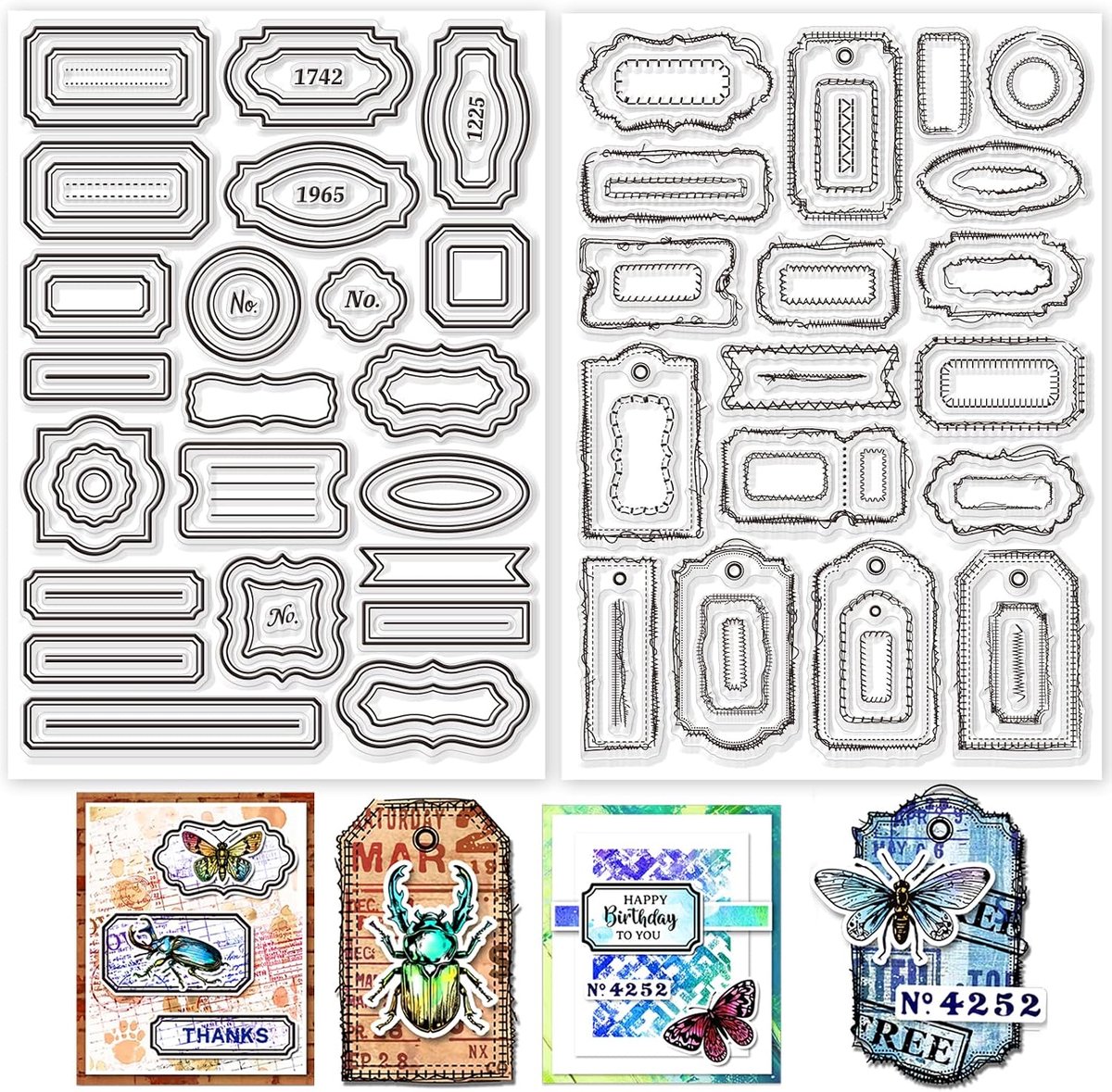 2 Vellen Label Frame Clear Stempel voor Scrapbooking 11.7x8.25 inch Naaigaren Siliconen Stempels Tag Notes Ticket Transparante Stempel Set voor Kaarten Maken DIY Embossing Journaling