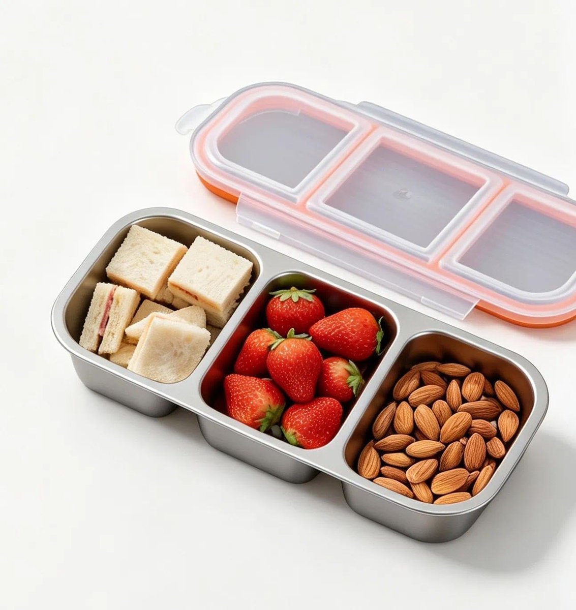 Snackbox met 3 vakken, lekvrije broodtrommel met deksel, vaatwasmachinebestendig, bento box voor kinderen, school, werk en camping, snackbox roestvrij staal voor lunch en