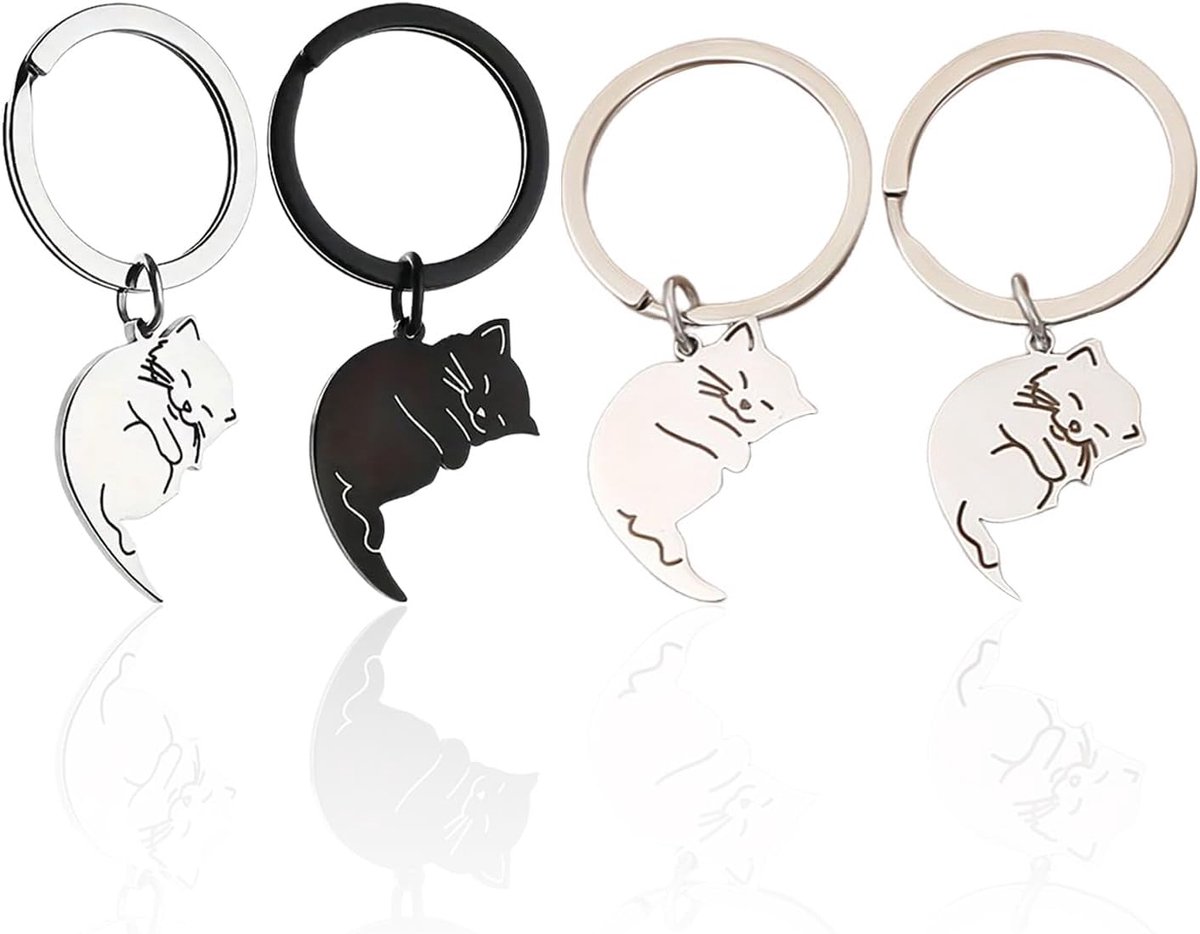 Set van 4 sleutelhangers met kat, roestvrij staal, schattige sleutelhanger, puzzelsleutelhanger, sleutelhanger voor koppels, cadeaus voor koppels en goede vrienden, Zwart, Eén maat