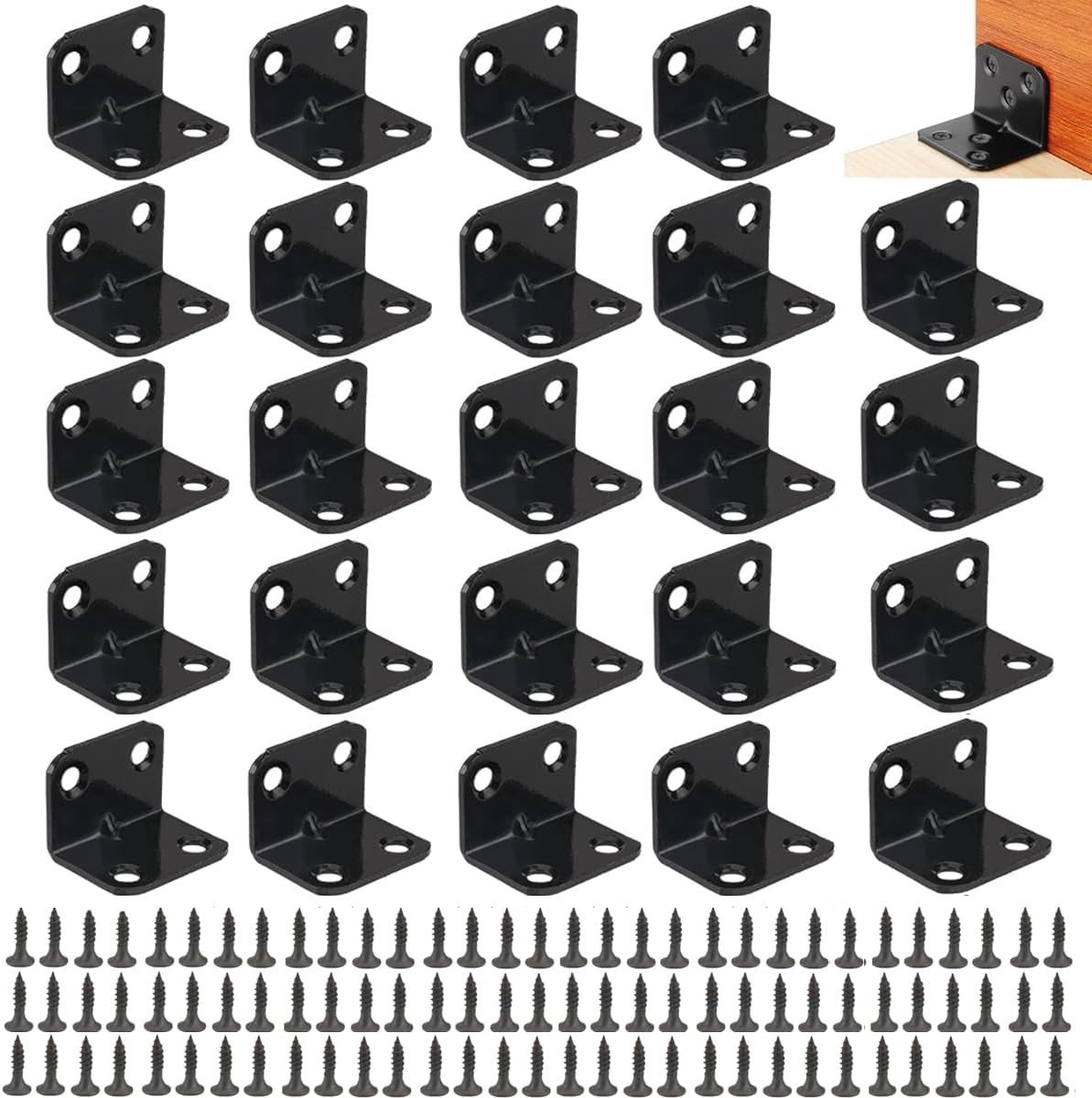 Set van 24 Zwarte L-Vormige Hoekbeugels 30x30x16mm met Montagebouten voor Meubelconstructie