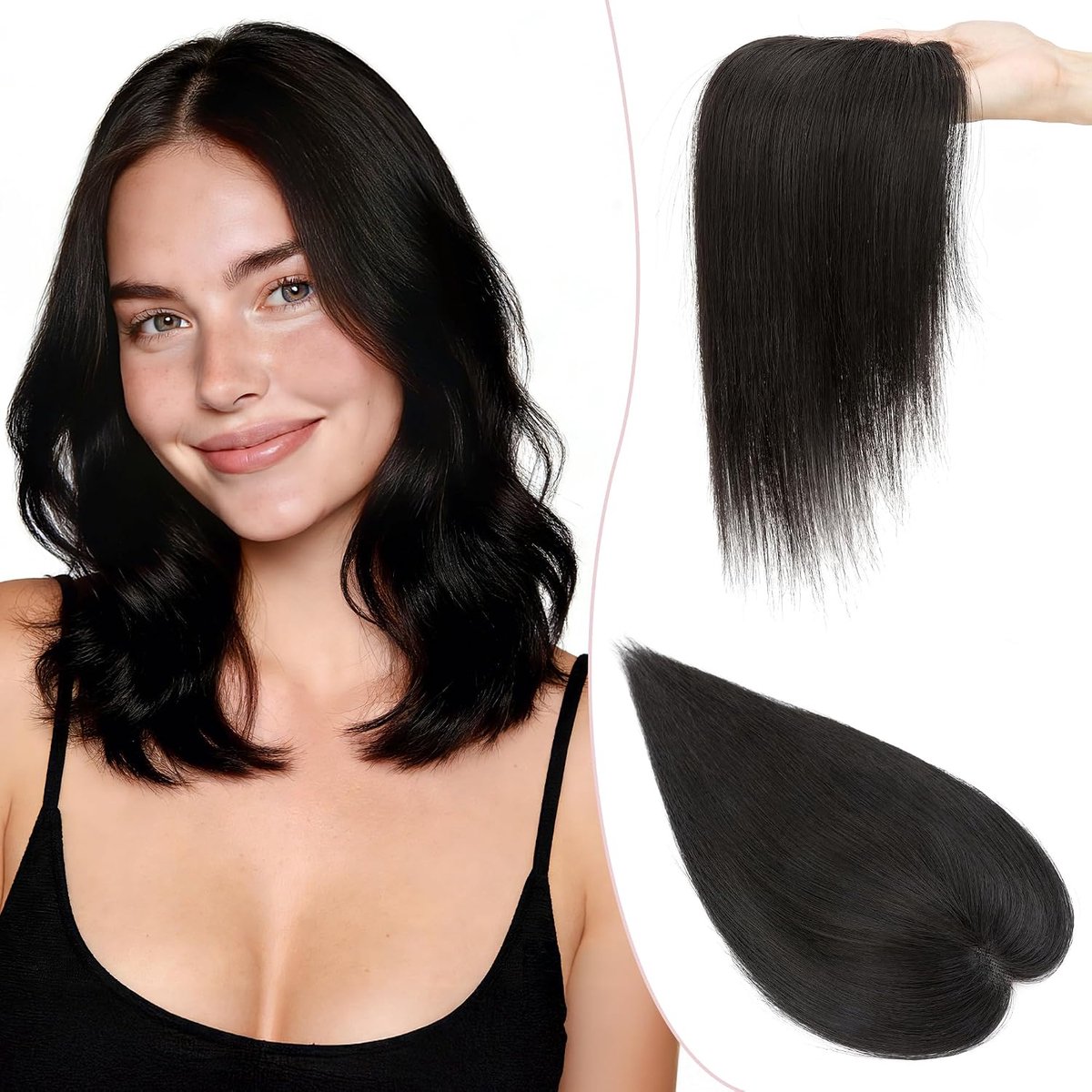 Haarstukje, echt Remy-haar, met zijdelingse bangs, clip-in extensies, toupet, haarverlenging, pony, toupet, vrouwen, met 3 clips, 30 cm, # 1B