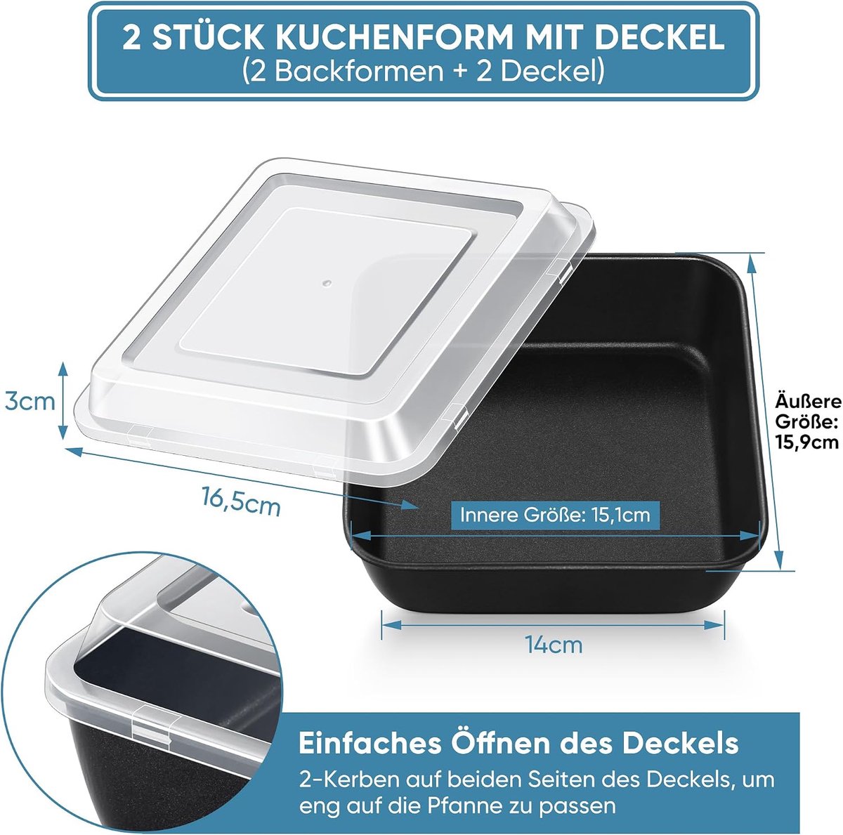 Vierkante ovenschaal set van 2 met deksel, 15,9 x 15,9 x 5 cm
