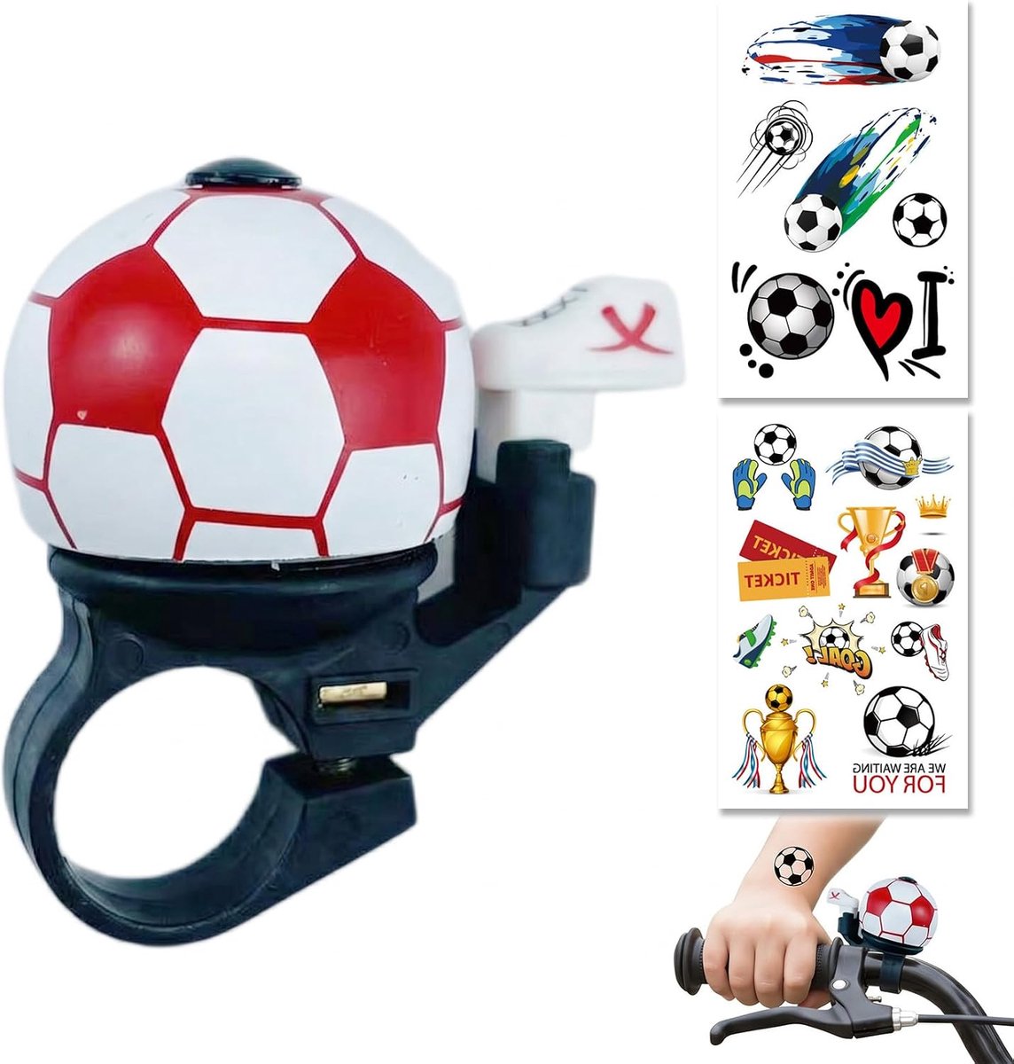 Fietsbel voor kinderen, voetbal, rood, met 2 glinsterende stickers, luid en helder geluid, voetbalgadget voor fiets, MTB, scooter en fiets zonder pedalen, cadeau voor kinderen van 9 tot 10 jaar