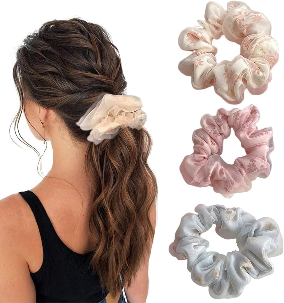 Florale Mesh Haarbanden Set van 3 voor Vrouwen en Meisjes, Romantische Aesthetic, Oversized Chiffon, Elastisch en Schattig (Roze, Beige, Blauw) - Perfect voor Feestjes en Casual Outfits