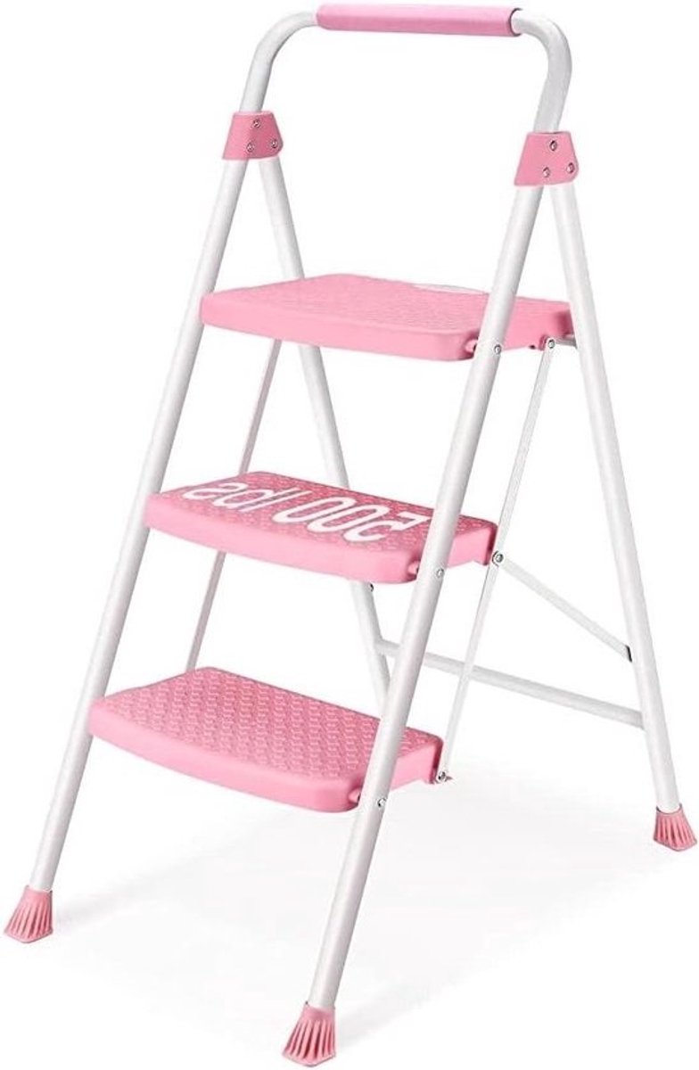 Traploper 3 treden - breed pedaal - lichte capaciteit 150 kg - draagbare opstapkruk roze Trapladder