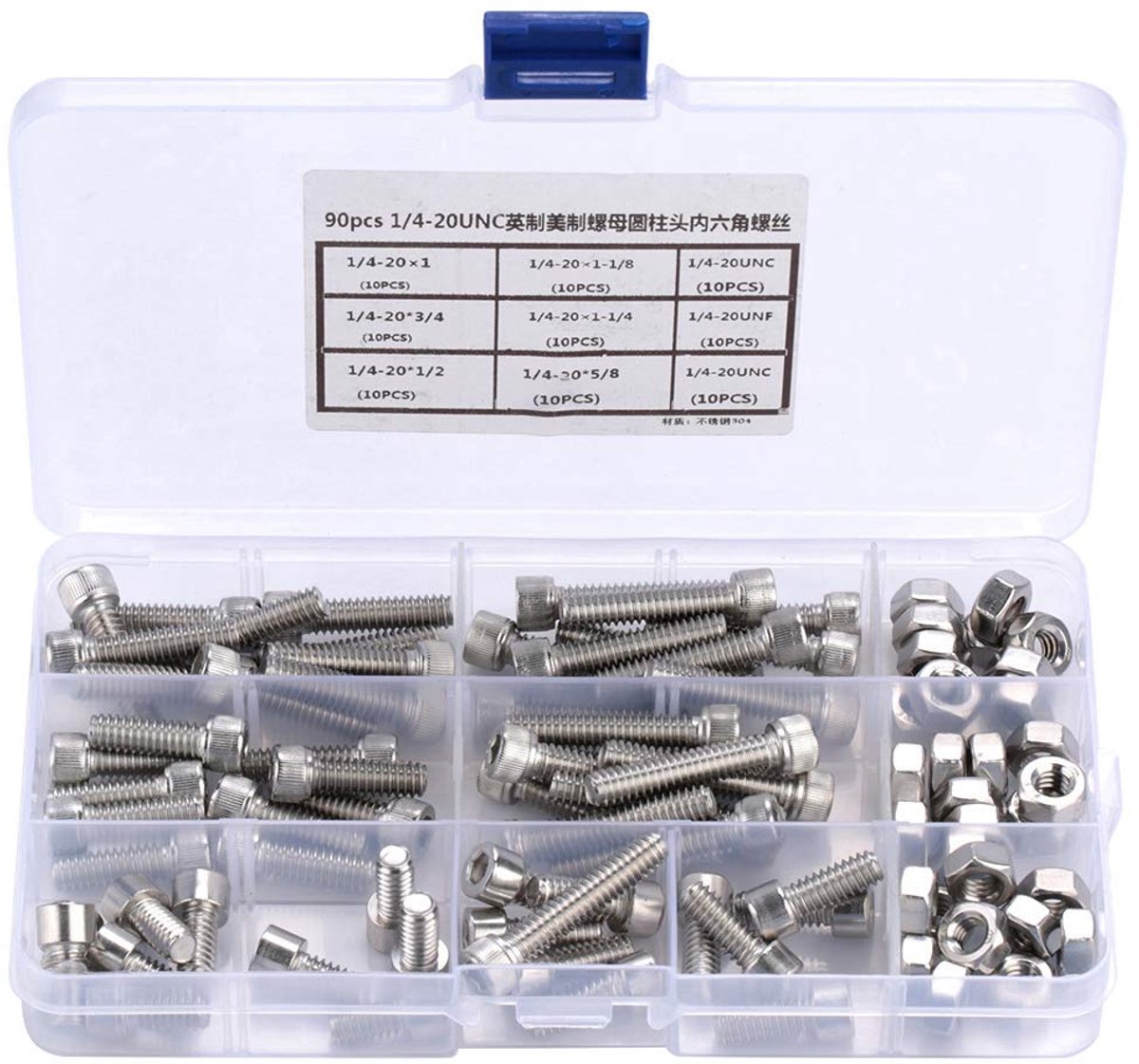 90 stuks 1/4-20 Unc roestvrij staal, 4 20 Unc bouten Vis Americaine staal zeskantschroeven zeskantschroeven assortiment kit