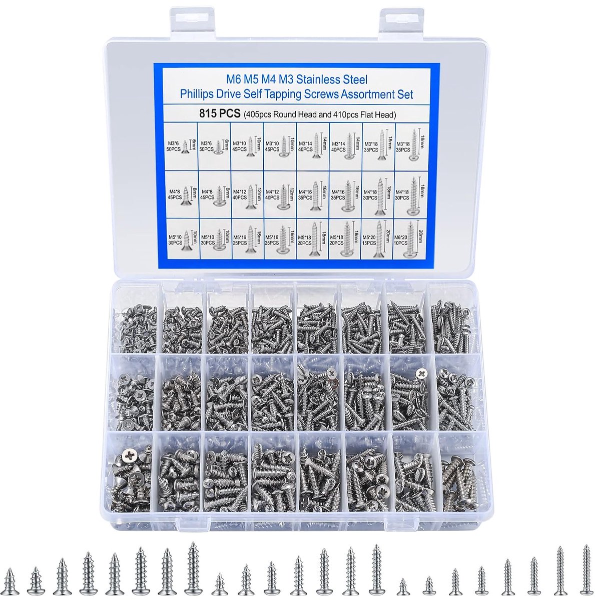 Houtschroeven, Assortiment set, RVS, Kruiskop boorschroeven, Platte kop en zelfborende schroeven voor plaatstaal (405 x ronde kop, 410 x platte kop)