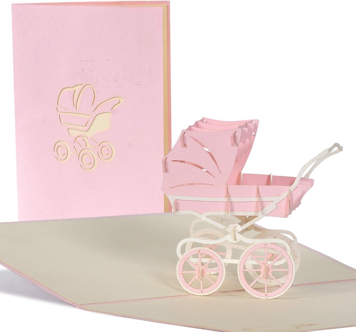 Geboortekaart voor meisjes. Perfecte 3D-pop-upkaart voor de geboorte van een baby of een meisjesdoop. Kan worden gebruikt als deelname, felicitatiekaart of bedankkaart.