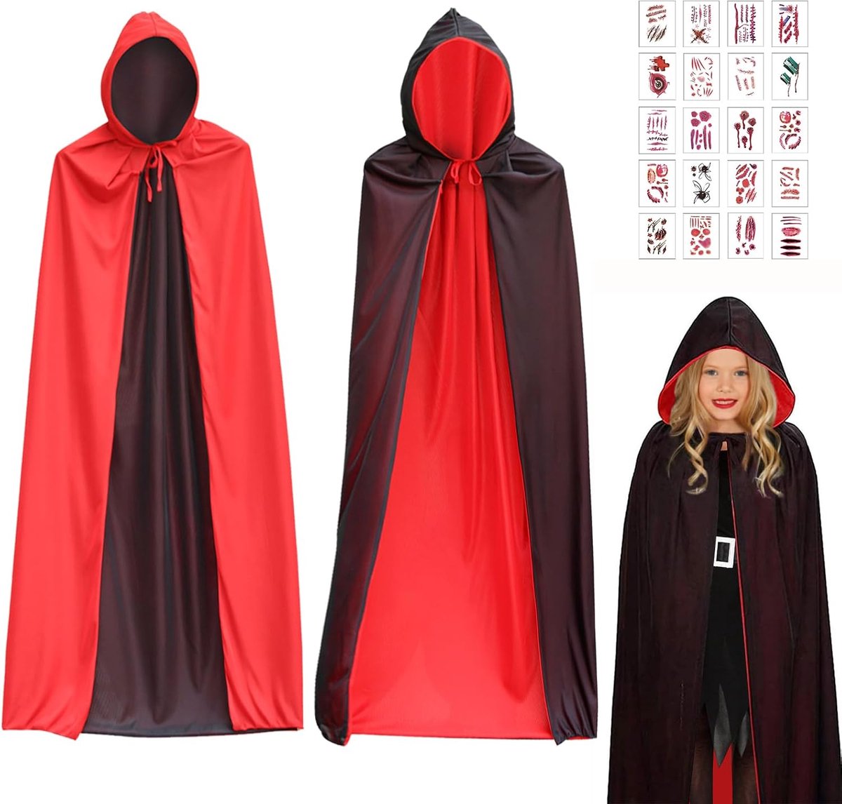 Halloween kostuum vampier, zwart vampierkostuum, cape met capuchon, cape met capuchon, vampierkostuumset, heksencape, cosplay kostuum met 20 tijdelijke tatoeages voor carnaval