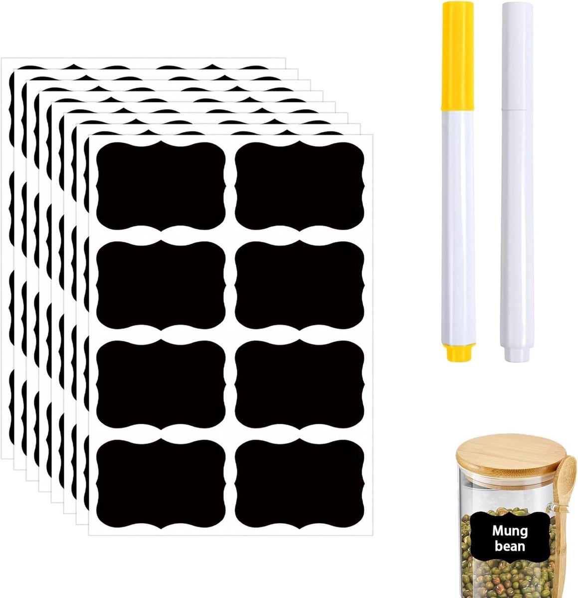 Bordetiketten herbruikbaar waterdicht 64 stuks zelfklevende labels set met witte en gele pen voor glazen potten keukencontainers organisatie opslag zwart label stickers