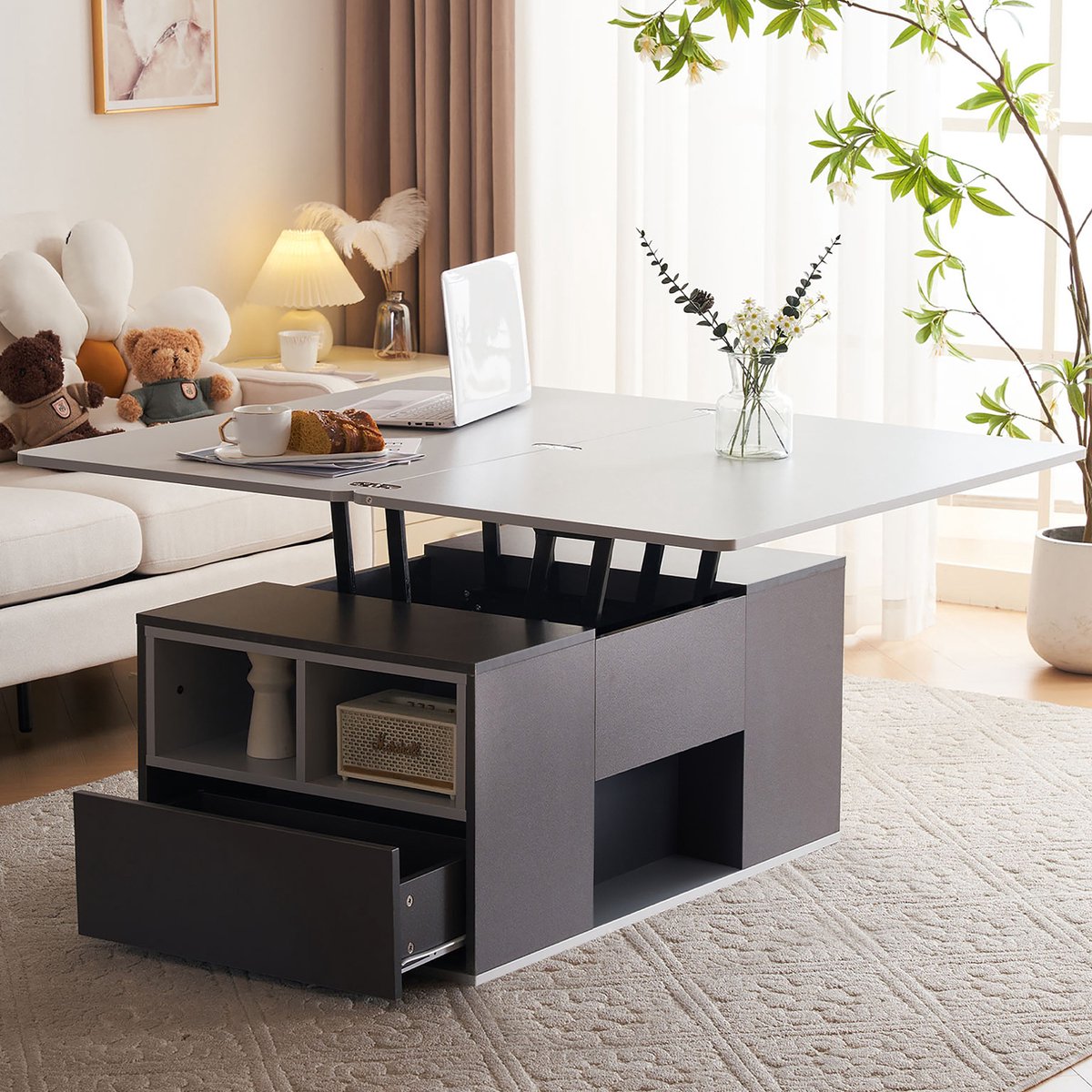 MEUNIQ Salontafel 100 x 51 x 47 cm met in hoogte verstelbaar en uitbreidbaar tafelblad, 2 lades en open vakken voor woonkamer, grijs