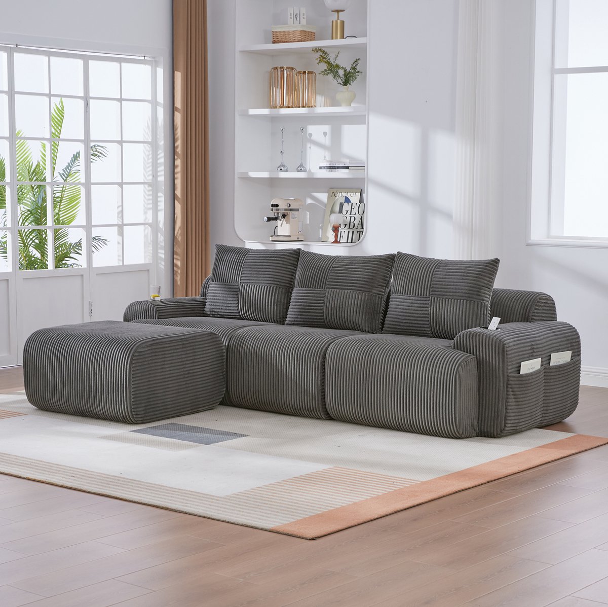MEUNIQ Modulaire 3-zitsbank met hocker, cupholder en opbergzak – ribfluweel, vrij combineerbaar voor woonkamer – Donkergrijs
