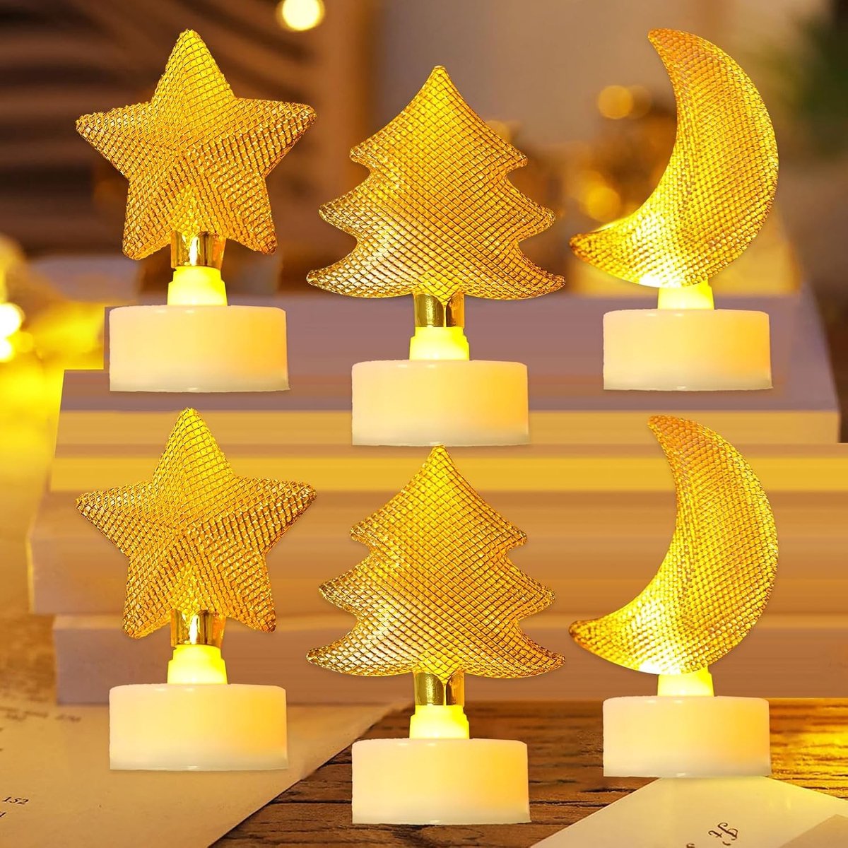Flamevrije LED Kaarsen Set van 6, Perfect voor Kerstdecoratie, Bruiloften en Thuisversiering, Gouden Ster Tafelkleed voor een Sfeervolle Aanraking