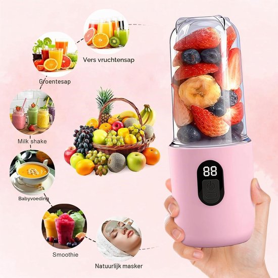 Draagbare 500ML Smoothie Maker met Digitale Display, 16-Bladige USB Juicer voor Shakes en Smoothies, Ideaal voor Keuken, Reizen en Sportactiviteiten, Roze — afbeelding 3