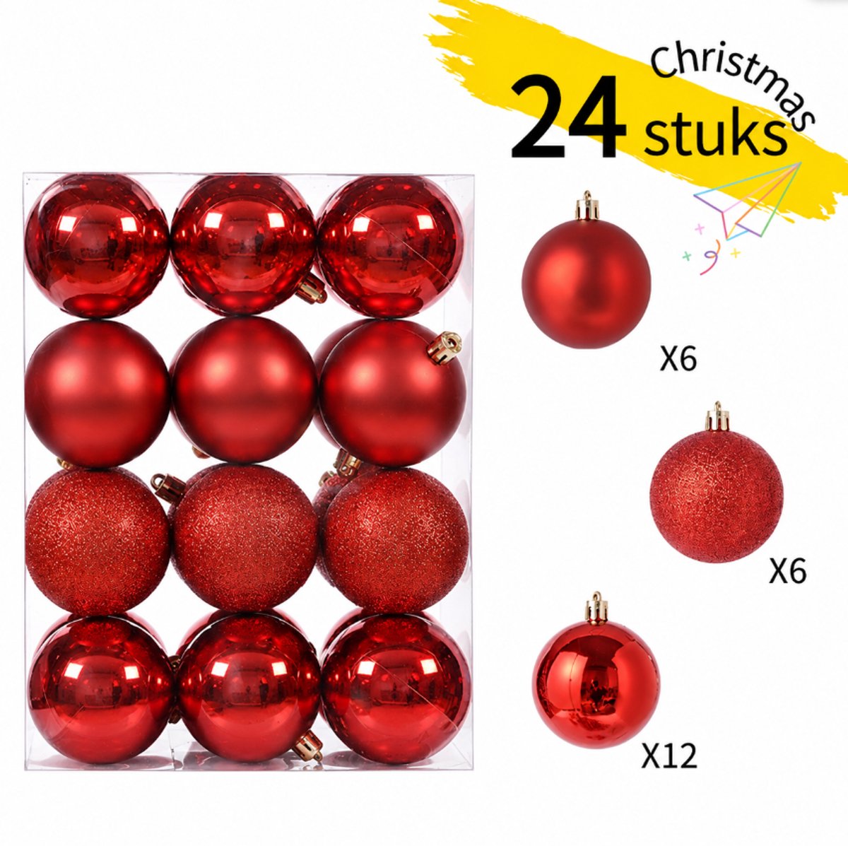 Kerstballen Rood 24 Stuks - 4 cm Onbreekbare Kerstballen in 3 Stijlen - Voorzien van Ophangkoord - Kerstboomversiering