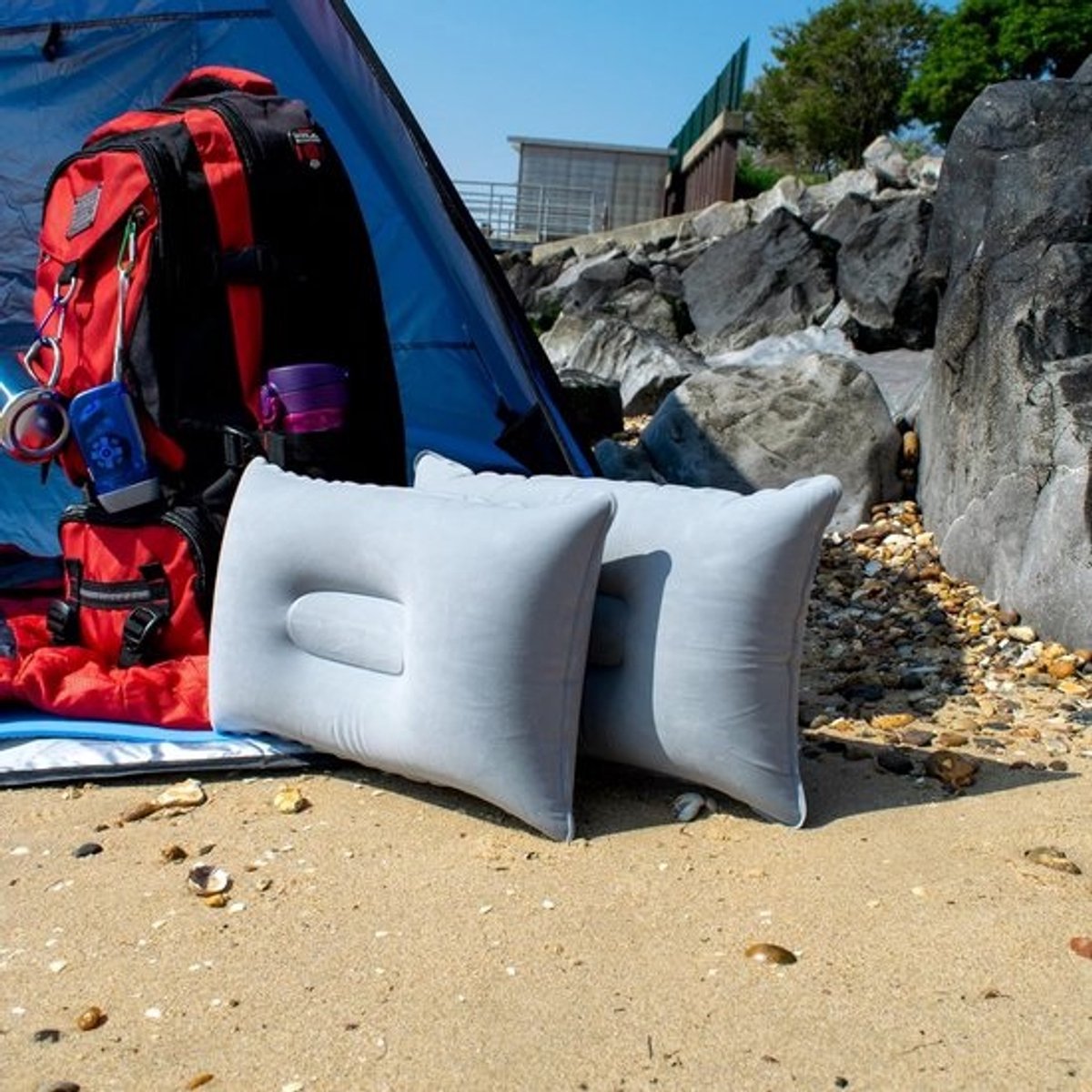 Opblaaskussens 2-pack - Compact Reiskussen voor Kamperen en Reizen - Grijs