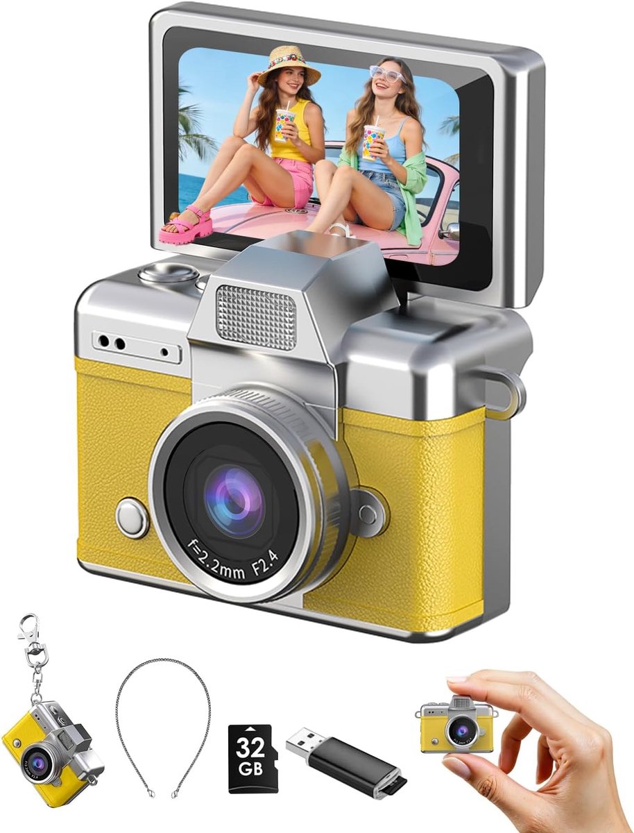 Mini Sleutelhanger Camera - 1080P Draagbare Digitale Camera - 1,47" Flip-LCD-scherm & Flitser - Retro Pocketcamera - 32GB Geheugenkaart - Compact voor Reizen, Feestjes & Verjaardagen - Geel