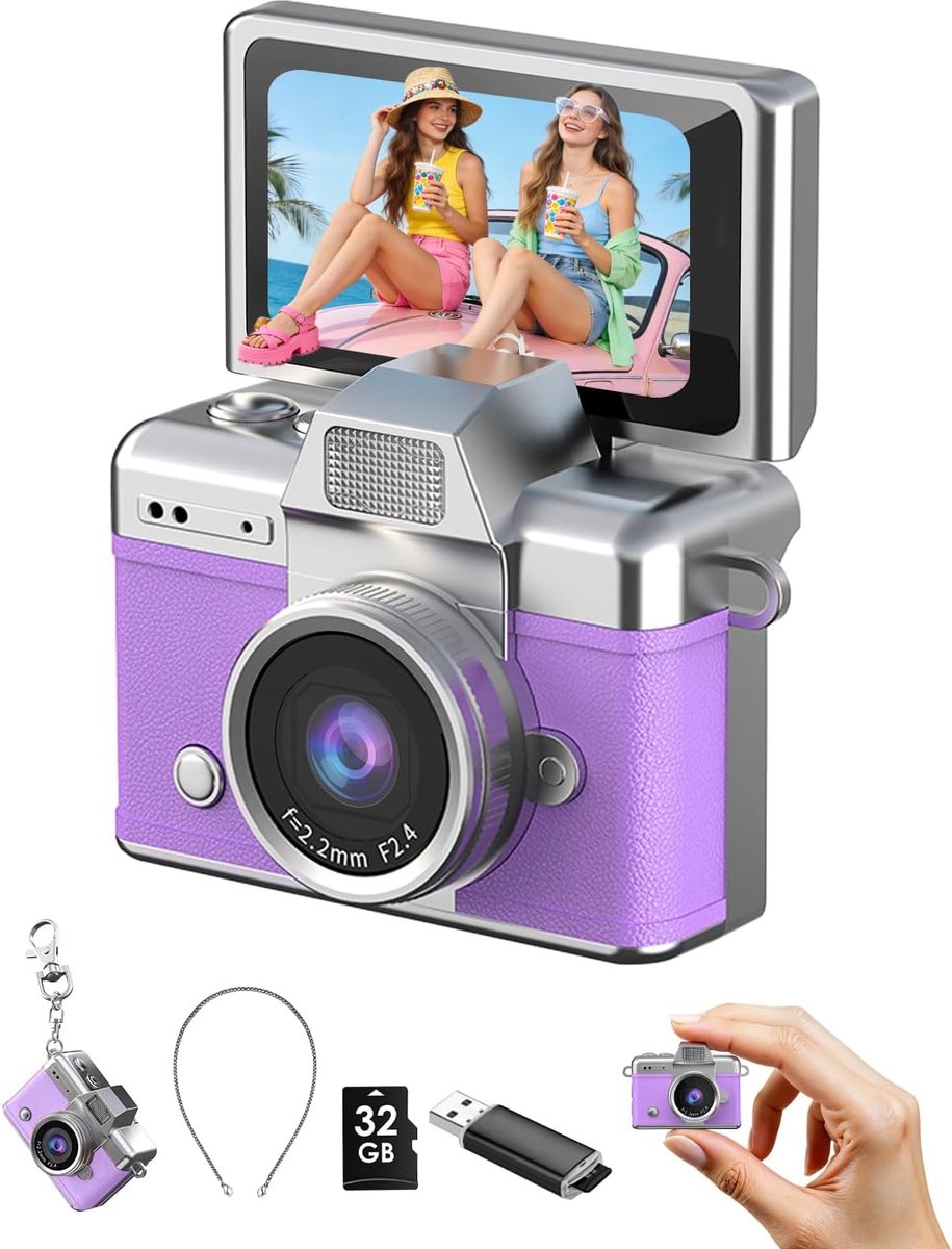 Mini Sleutelhanger Camera - 1080P Draagbare Digitale Camera - 1,47" Flip-LCD-scherm & Flitser - Retro Pocketcamera - 32GB Geheugenkaart - Compact voor Reizen, Feestjes & Verjaardagen - Paars