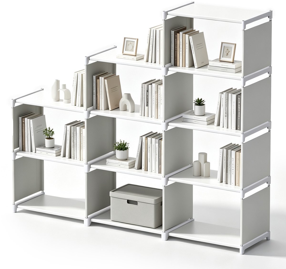 Soontrans - Boekenkast - Trapeziumvormig - 9 Vakjes - Multifunctionele Opbergkast - Modern design Vakkenkast geschikt voor Woonkamer - Slaapkamer en Studeerkamer - Wit