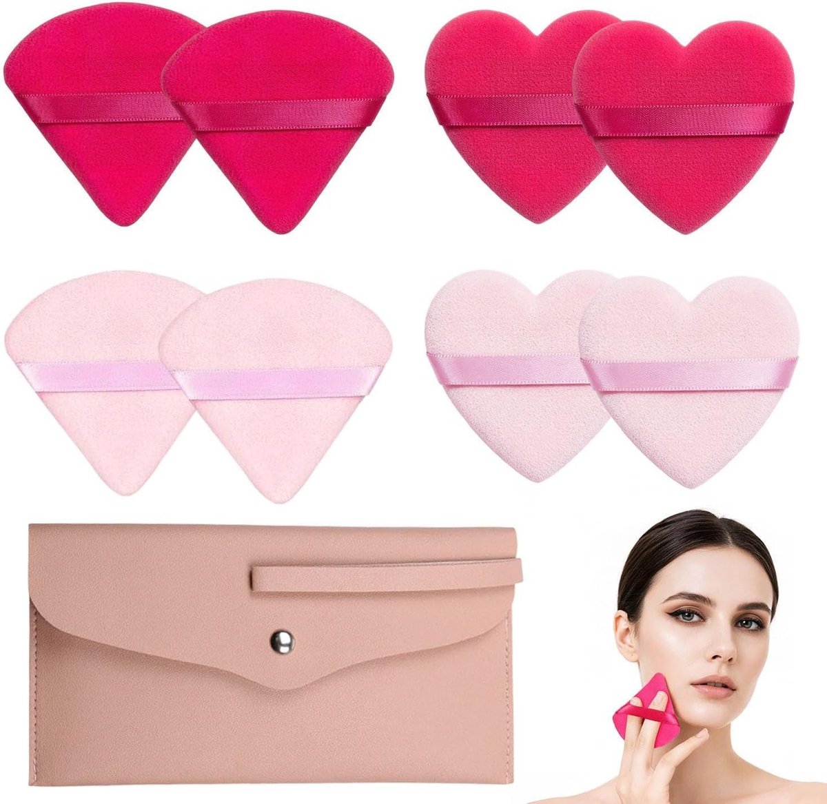 8 Gevlokte Losse Poederdonsjes, 1 Roze Opbergzakje Voor Make-Upborstels, Zachte Poederdons, Stofdicht Make-Uptasje Voor Oogschaduwborstels.